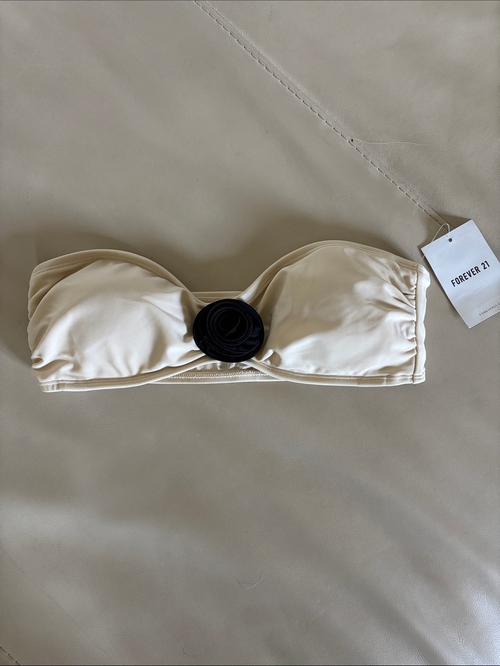 Forever 21 Cream Strapless Bandeau Top with Black Rosette